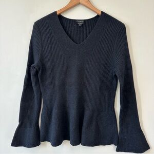 Talbots 100% Cashmere Black V-Neck Ribbed Sweater with Flare Sleeves